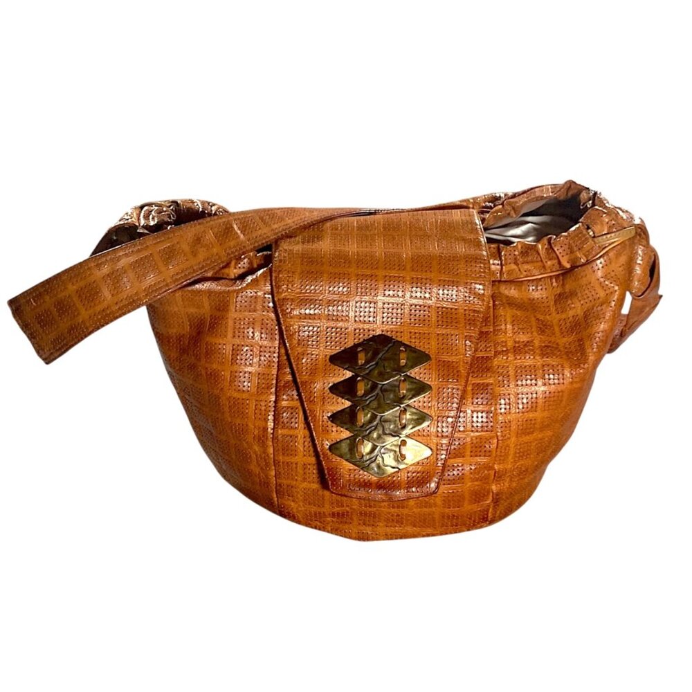 Vintage Leather Bag 14x10 Saddle Tan Genuine Perforated Hobo Shoulder Pouch Boho